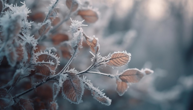 Frosty branch in winter forest close up macro generated by AI