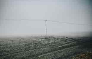 Free photo frosty field with electric pole in a misty day