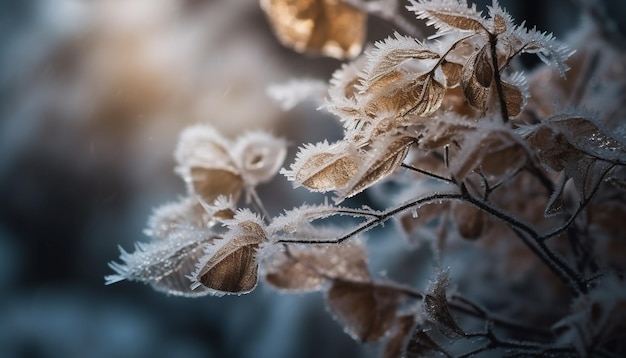 Free photo frosty leaf on frozen branch in winter generative ai