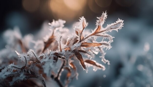 Frosty pine branch in winter forest beauty generated by AI