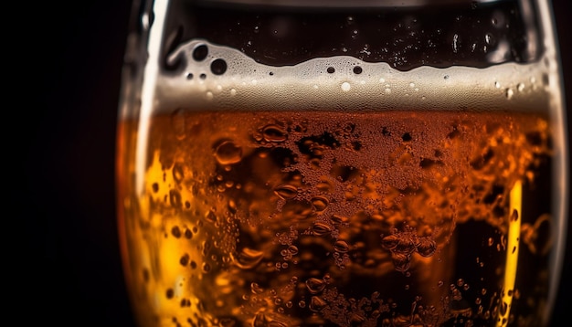 Frothy beer drop on shiny glass surface generated by AI