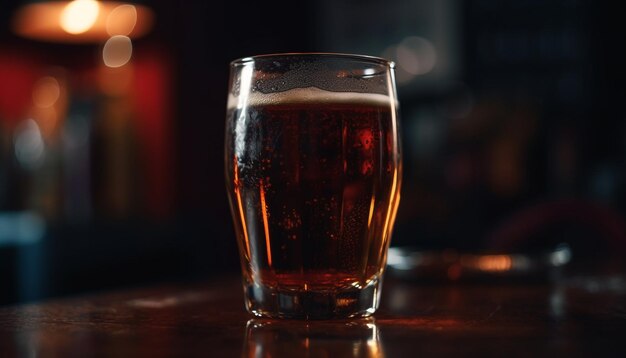 Frothy beer glass on bar counter at night generated by AI