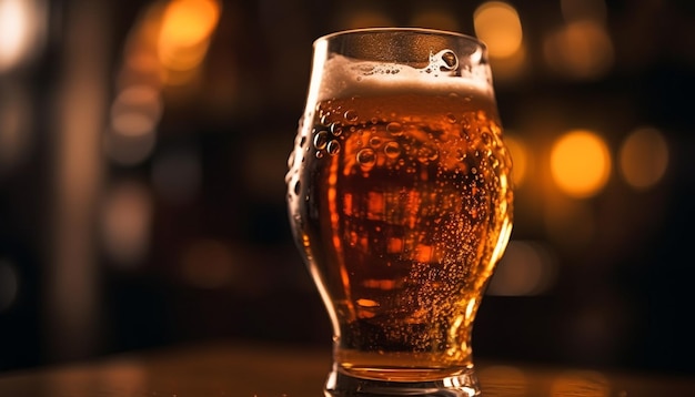 Frothy beer glass on wooden bar counter generated by AI