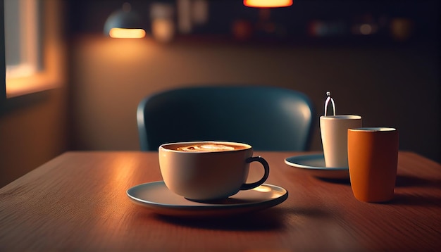 Ai によって生成されたエレガントな木製コーヒー テーブルの上の泡立つカプチーノ