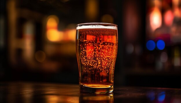 ビアグラスに入った泡状の飲み物が、AI によって生成されたバーカウンターを照らす