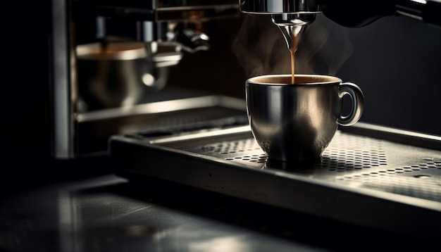 AI によって生成された金属製のコーヒー メーカーから泡状の飲み物が注がれる