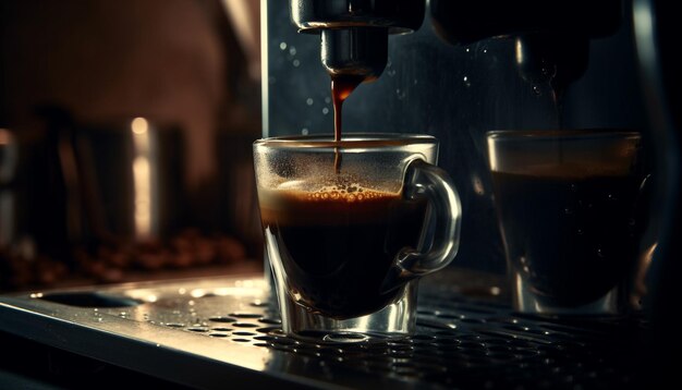 Frothy liquid poured into steel coffee mug generated by AI