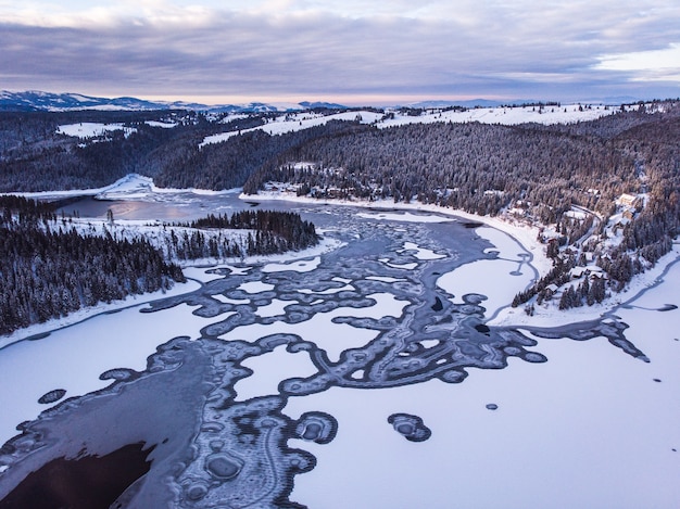 Бесплатное фото Замерзшее озеро с горами и лесами, покрытыми снегом в трансильвании, румыния