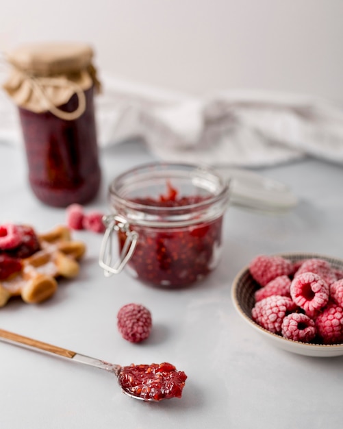 Frozen raspberries jam high view