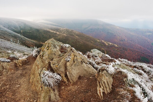 Carpathians 산에서 산 언덕에 얼어붙은 바위