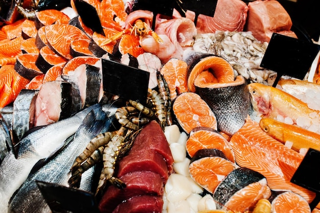 Frozen seafood for sale at supermarket