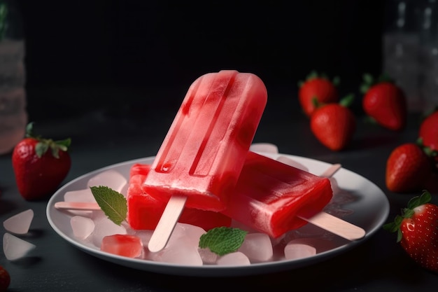 Free photo frozen strawberry popsicles ai generative