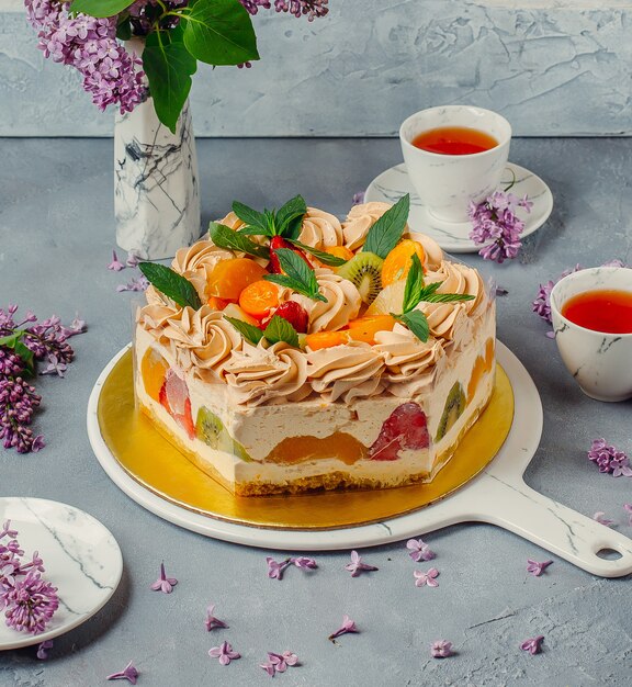 fruit cake with black tea on the table