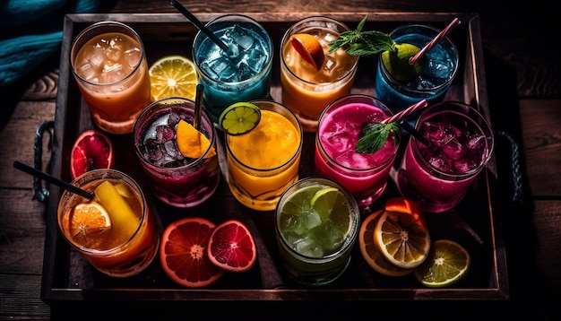 Free photo fruit filled cocktails on a rustic wooden bar generated by ai