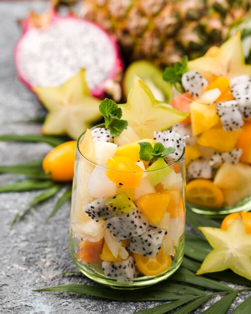 Fruit salad in glass front view