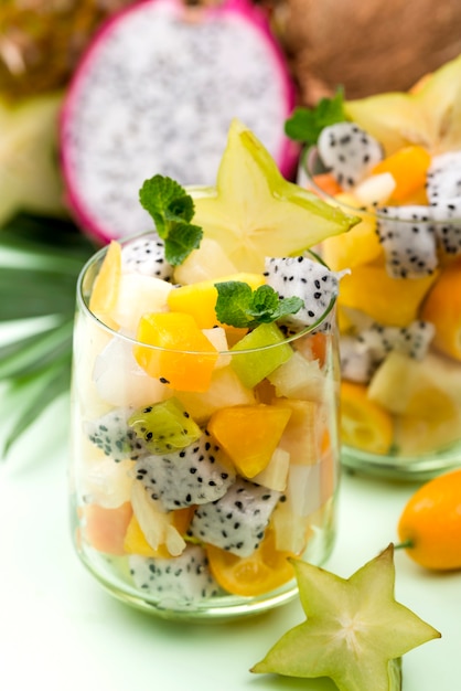 Fruit salad in glass and yogurt