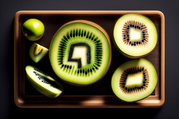 Foto gratuita un vassoio di frutta con una mela verde e una fetta di kiwi