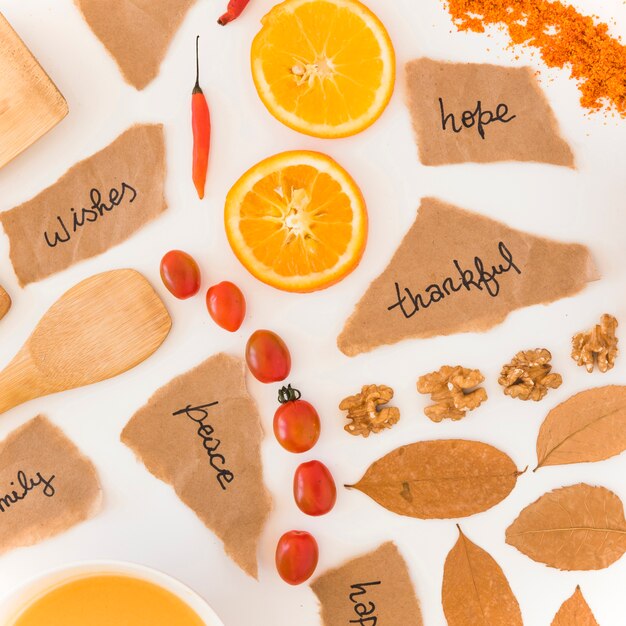 Fruits, notes and foliage on board