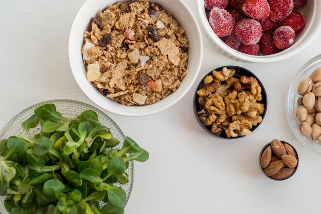 Fruits and nuts near muesli