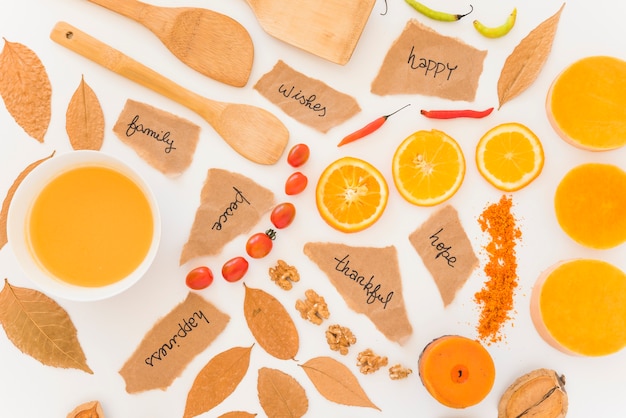 Fruits, sheets and leaves on board 