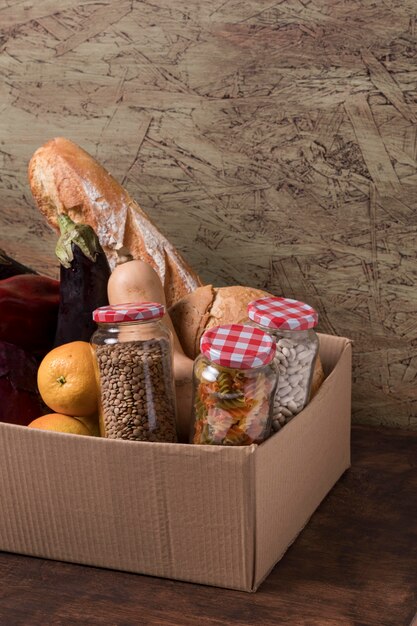 Fruits and vegetables in box high angle