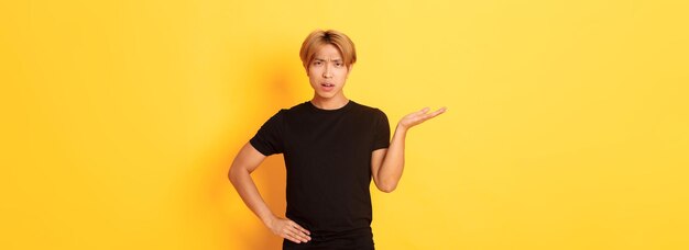 Frustrated and annoyed asian guy with blond hair raising hand confused and looking at camera yellow