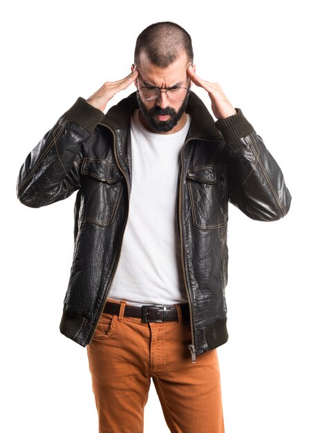 frustrated man with leather jacket