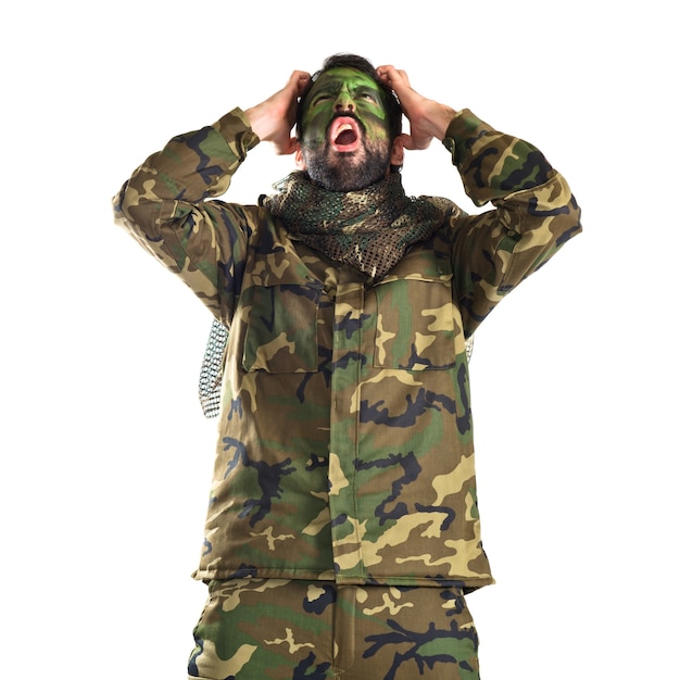 frustrated soldier over white background