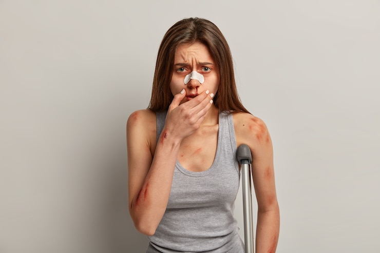 Free Photo frustrated woman victim of domestic violence beaten by cruel person, keeps hand near bleeding nose, poses with crutches. female got into serious car accident, being on rehabilitation period.