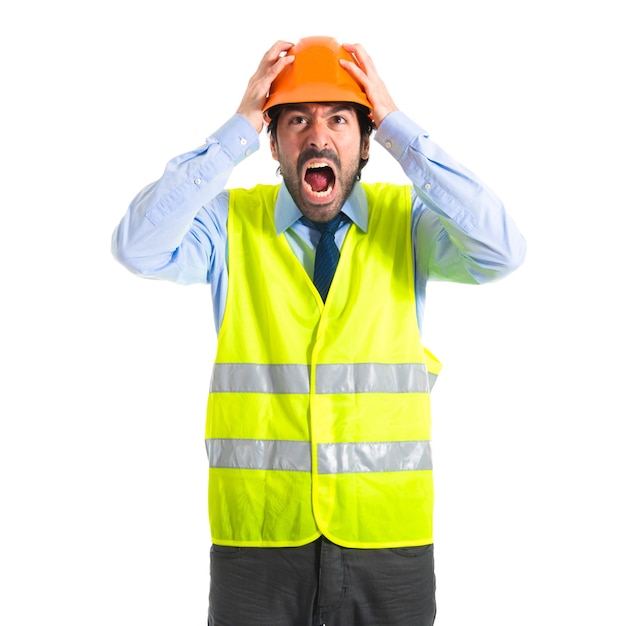 Free photo frustrated workman over white background