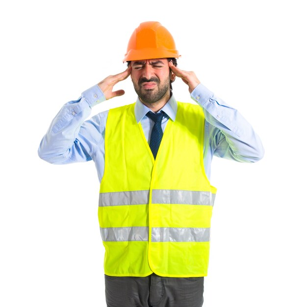 frustrated workman over white background