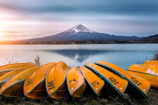 Fuji mountain and boat at Kawaguchiko lake, Japan.