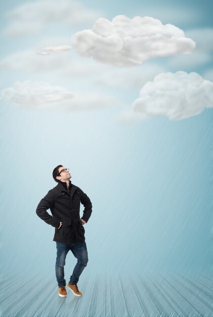 full body young man looking up over white background