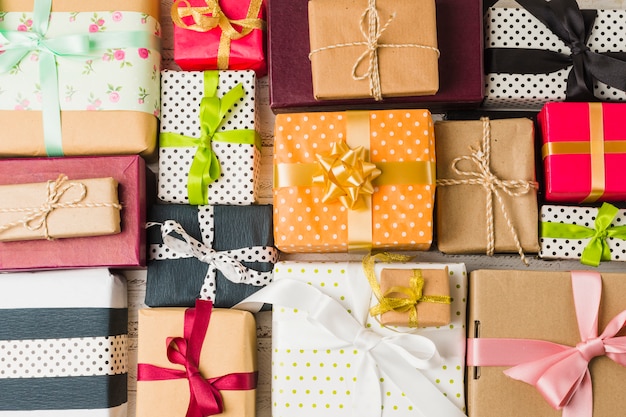 Free photo full frame of beautiful decorated various gift boxes