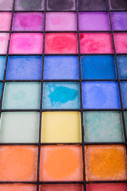 Full frame shot of palette with multi colored eye shadow powder