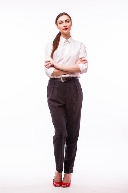 Full height portrait Young pretty businesswoman on white.