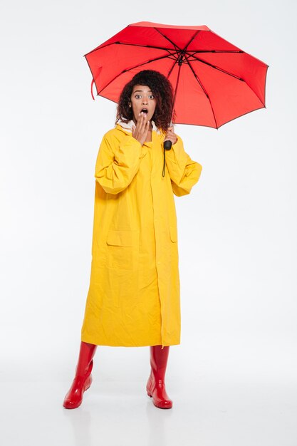 Full length image of Shocked african woman in raincoat