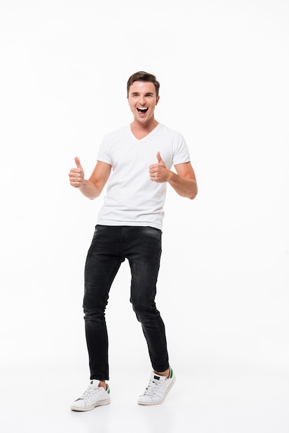 Full length portrait of a cheery man in white t-shirt