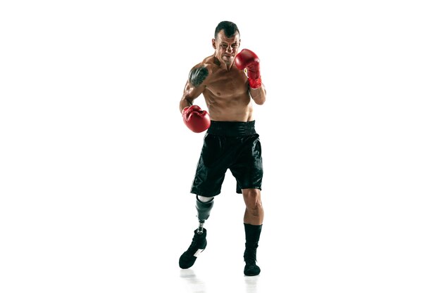 Full length portrait of muscular sportsman with prosthetic leg