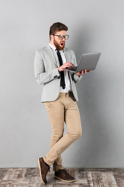 Full length portrait of a shocked businessman