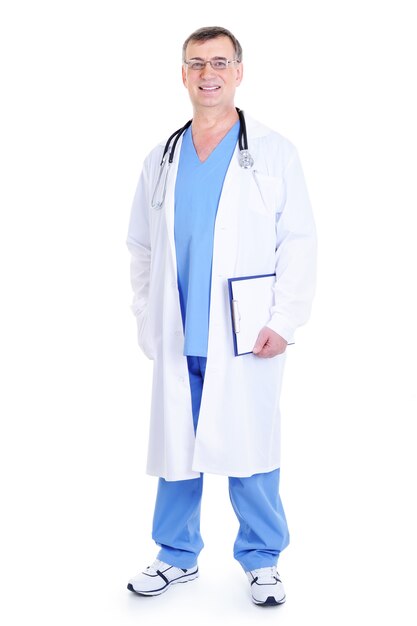 Full-length portrait of successful smiling male doctor holding document