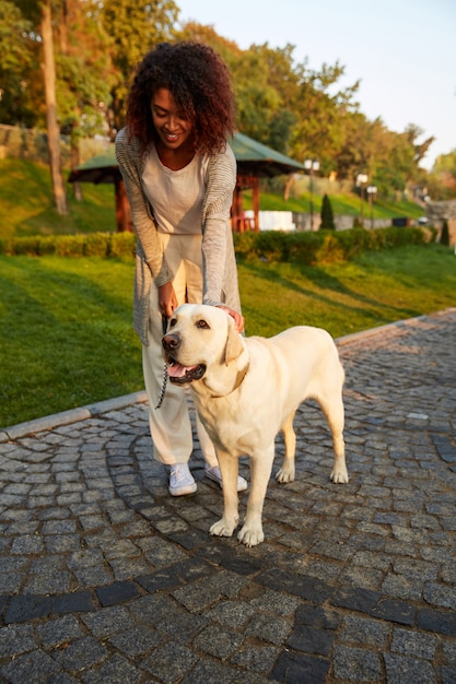 Полнометражный снимок довольно здоровой молодой леди, идущей утром в парке с собакой