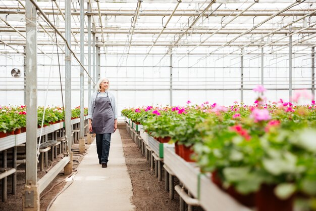 Full-length shot of woman worker standing in greenhouse