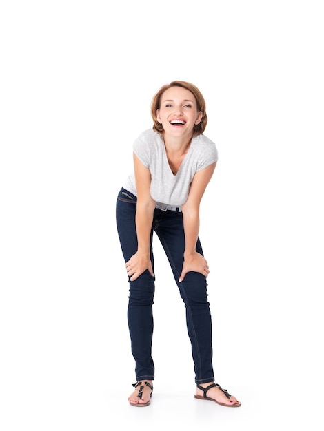 Free photo full portrait of the beautiful happy woman stands on white