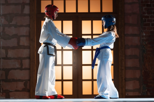 Free photo full shot asian people practicing taekwondo