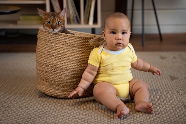 フルショットの赤ちゃんと猫のバスケット