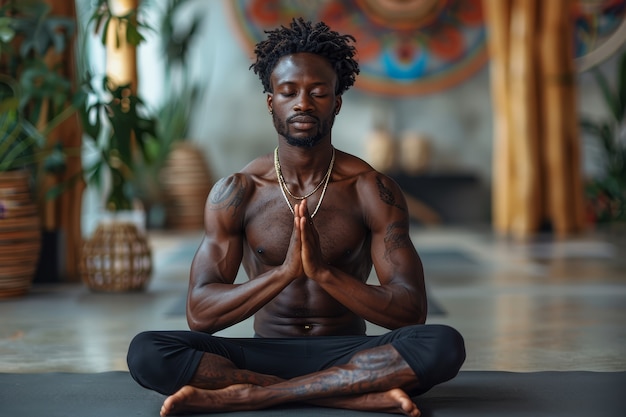 Free photo full shot black man practising yoga