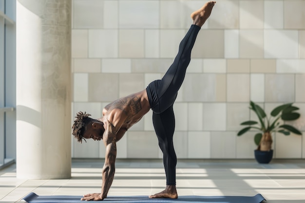 Foto gratuita un uomo nero che pratica lo yoga.