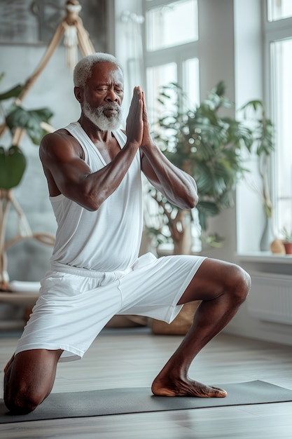 Чернокожий мужчина практикует йогу.