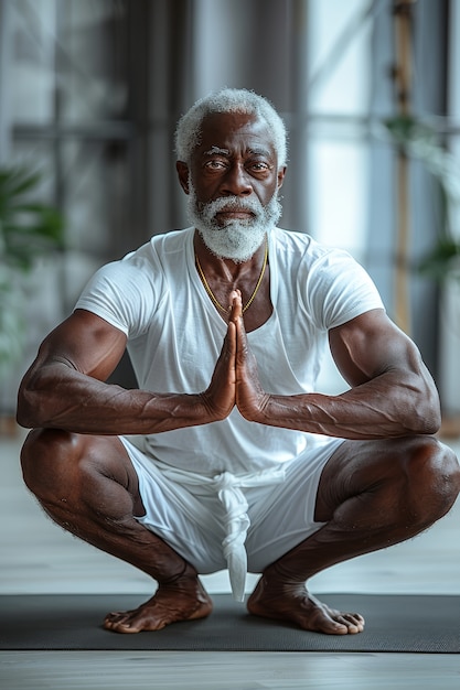 Full shot black man practising yoga